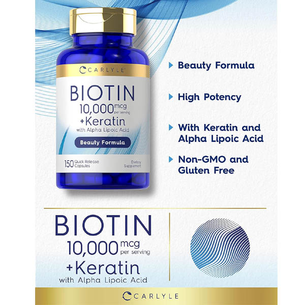 Carlyle Biotin 10000 mcg + Keratin – 150 Capsules (Hair, Skin & Nail Support) - Image 3