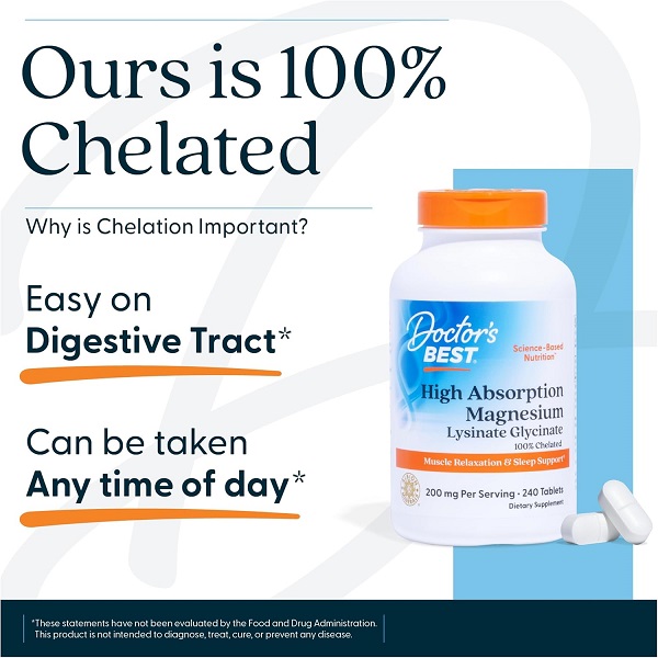 Doctor's Best High Absorption Magnesium 200mg – 240 Tablets (100% Chelated) - Image 2