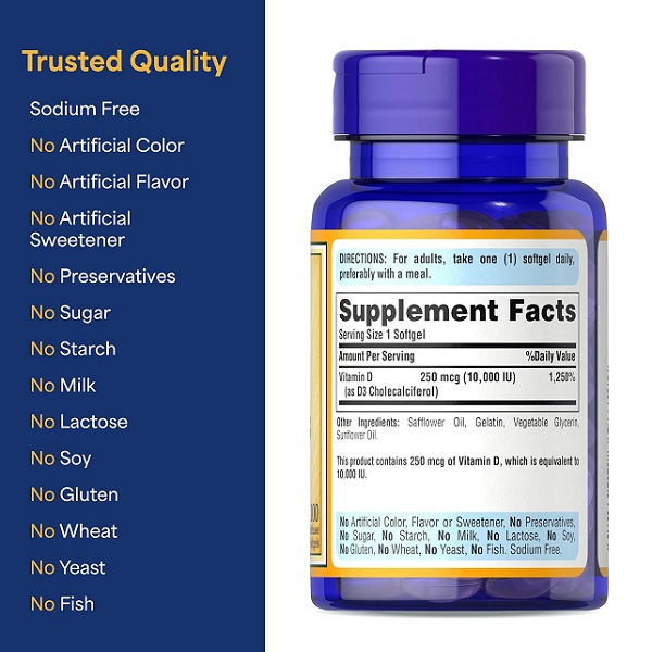 Puritan's Pride Vitamin D3 125mcg (5000 IU) – 100 Rapid Release Softgels - Image 3