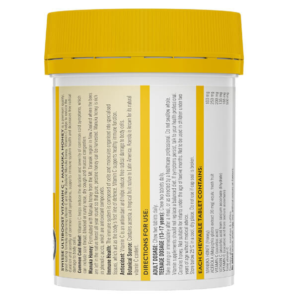 Shop Swisse Ultiboost Vitamin C + Manuka Honey at PureGlamer. Premium chewable tablets with natural honey and lemon flavor to help reduce common cold symptoms. Fast delivery.