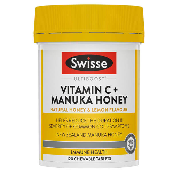 Shop Swisse Ultiboost Vitamin C + Manuka Honey at PureGlamer. Premium chewable tablets with natural honey and lemon flavor to help reduce common cold symptoms. Fast delivery.