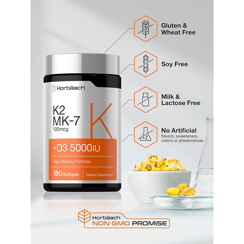 Horbaach Vitamin K2 MK-7 100mcg + D3 5000 IU – High Potency Formula (180 Softgels) - Image 2