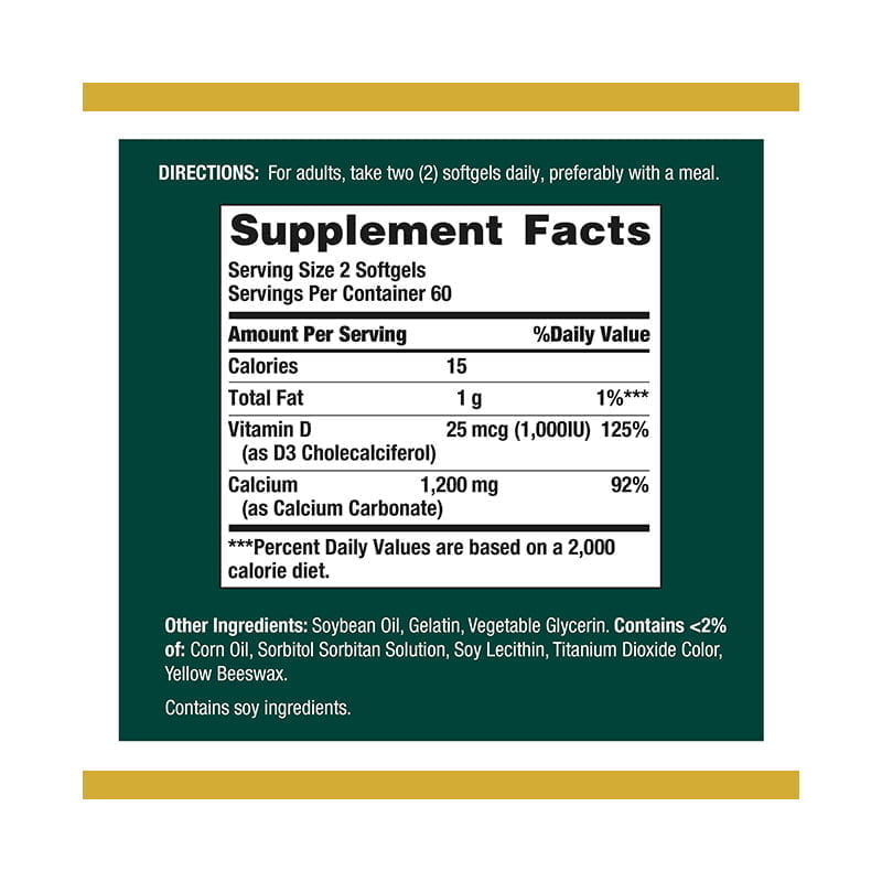 Nature's Bounty Calcium 1200 mg with Vitamin D3 – Mineral Supplement (120 Softgels) - Image 2
