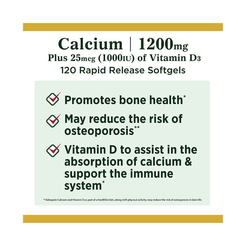 Nature's Bounty Calcium 1200 mg with Vitamin D3 – Mineral Supplement (120 Softgels) - Image 3