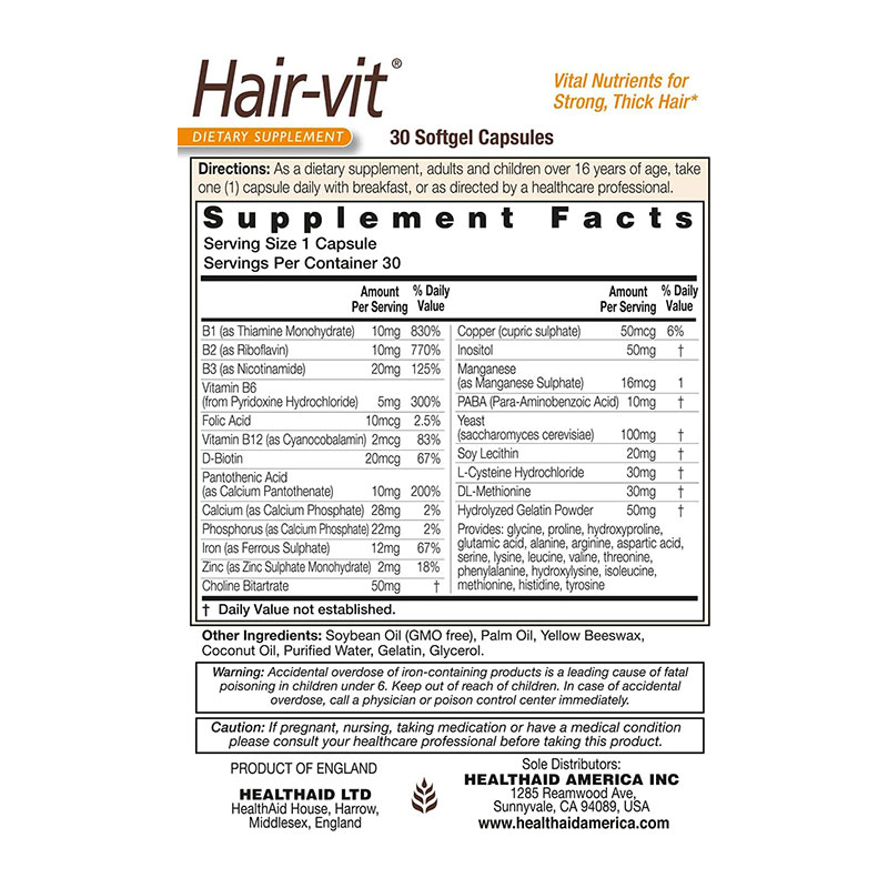 HealthAid Hair-vit Dietary Supplement – Vital Nutrients for Strong & Thick Hair (30 Softgel Capsules) - Image 2