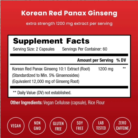 NutraChamps Korean Panax Ginseng 12,000 mg – Energy, Performance & Focus Support (120 Vegan Capsules) - Image 2